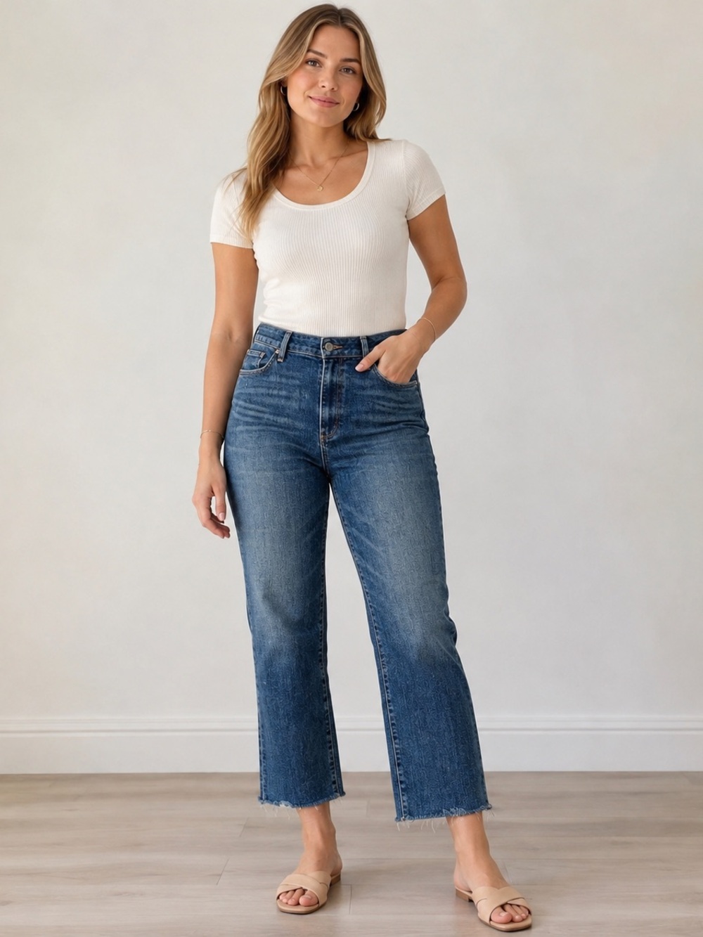PAIGE Margot Straight Jeans Women’s 32 Blue Raw Hem High Rise Stretch Denim